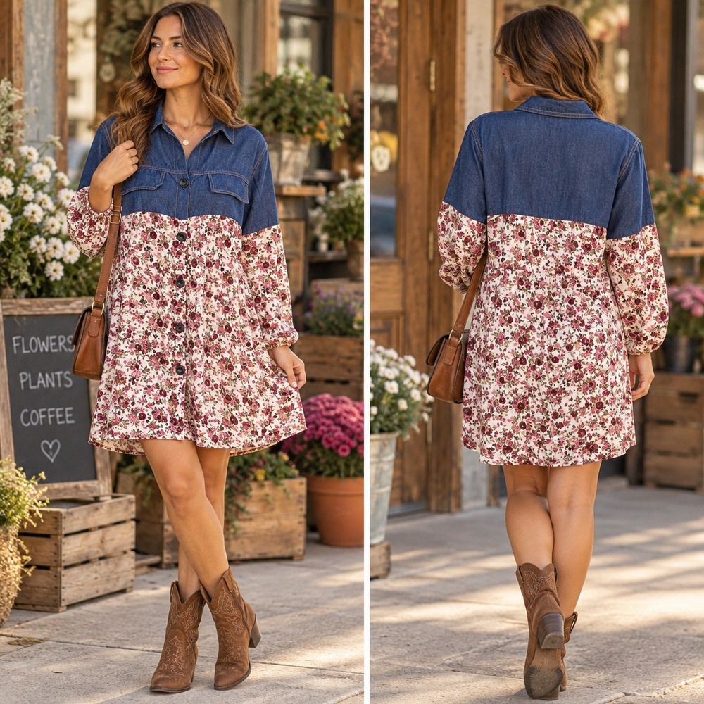 Womens Mixed Media Denim Floral Shirt Dress Tagged 46 Button Front Cottagecore